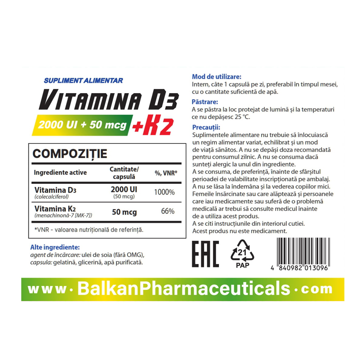 Vitamina D3 + K2 BP, caps. N30 - 3